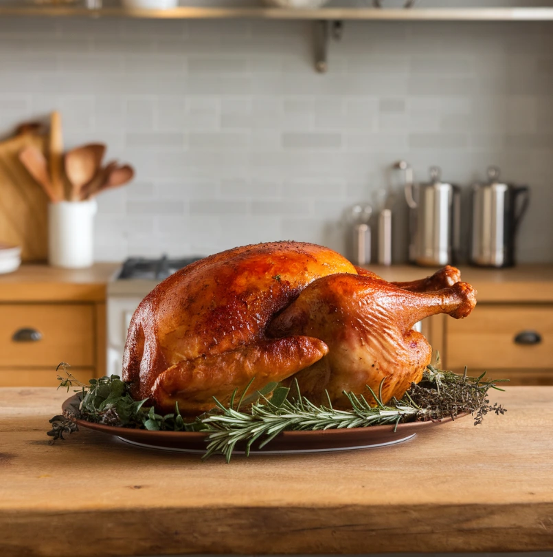 A perfectly smoked turkey breast resting on a wooden board with golden-brown skin, sliced to reveal juicy, tender meat.