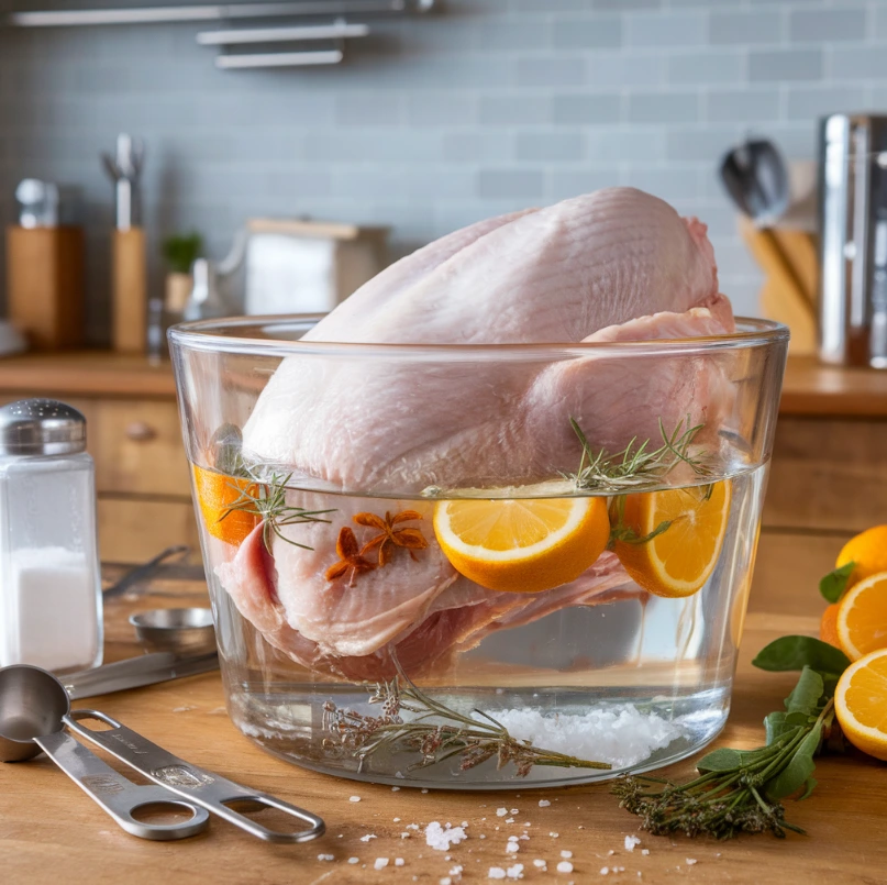 A perfectly smoked turkey breast resting on a wooden board with golden-brown skin, sliced to reveal juicy, tender meat.