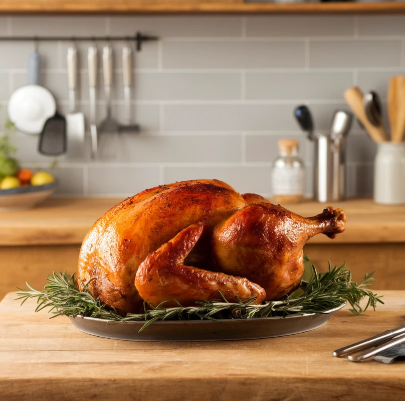 A perfectly smoked turkey breast resting on a wooden board with golden-brown skin, sliced to reveal juicy, tender meat.