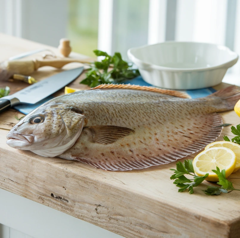 A close-up of a fluke fish on a wooden cutting board showing its flat, oval body, left-sided eyes, and mottled brown skin, with stainless steel measuring spoons and fresh herbs nearby.