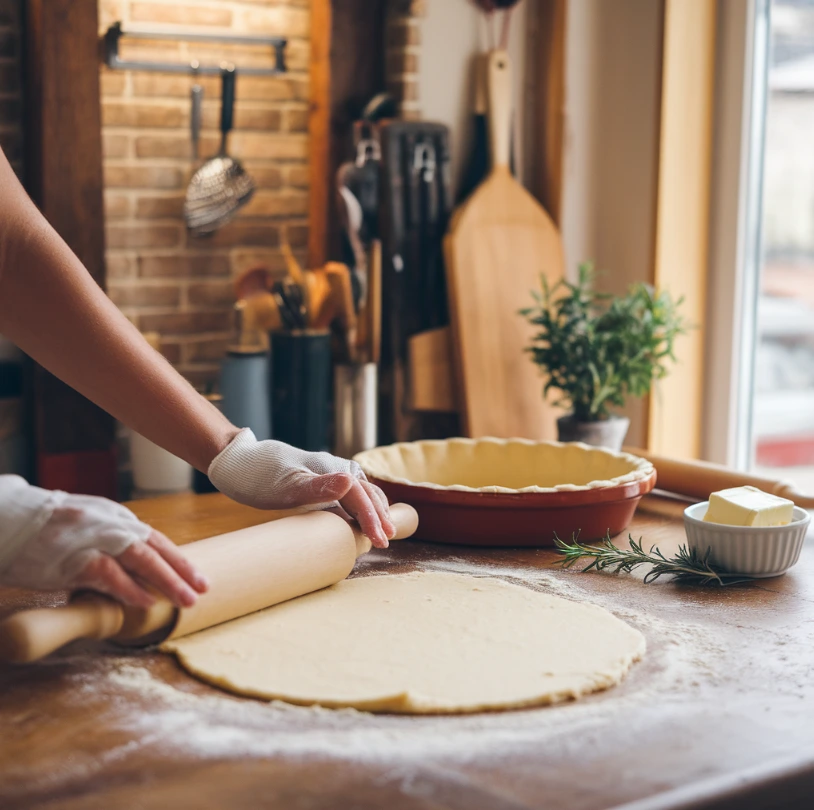 A fully baked terracotta pie with a golden crust in a terracotta dish, placed on a rustic wooden countertop with baking tools in the background.