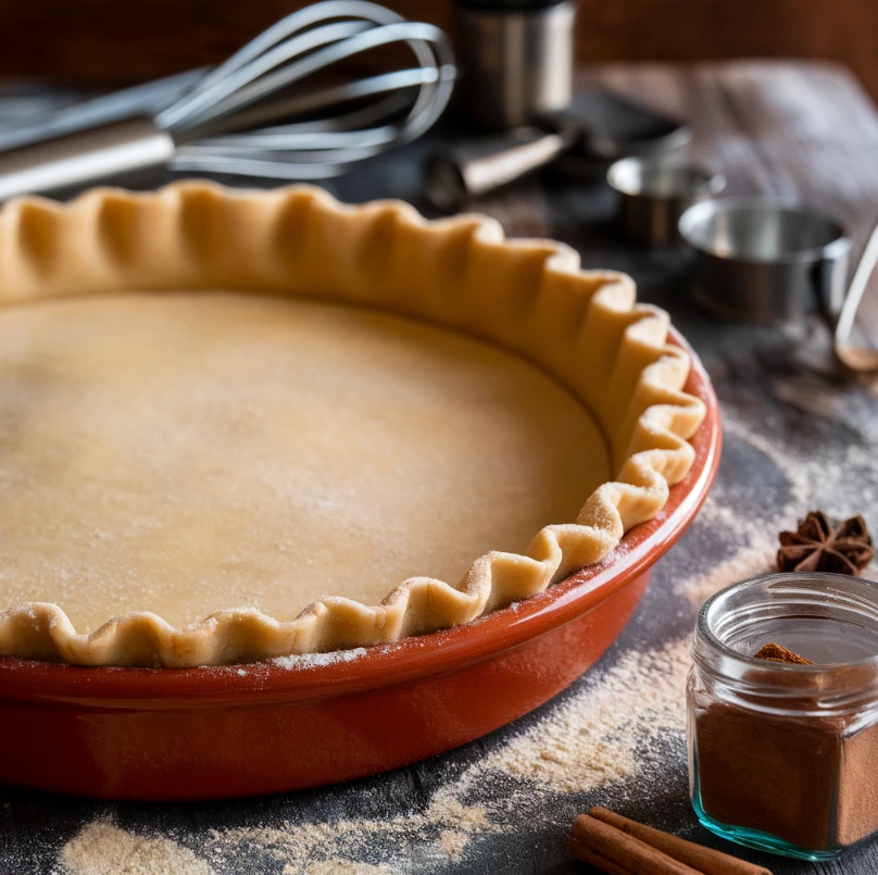 An unbaked terracotta pie in a terracotta dish surrounded by baking tools, including a whisk, measuring spoons, and a jar of cinnamon, on a wooden surface.