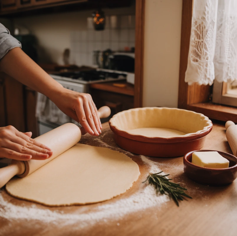 Hands rolling out pie dough on a floured wooden surface next to a terracotta dish, a rolling pin, and a small bowl of butter