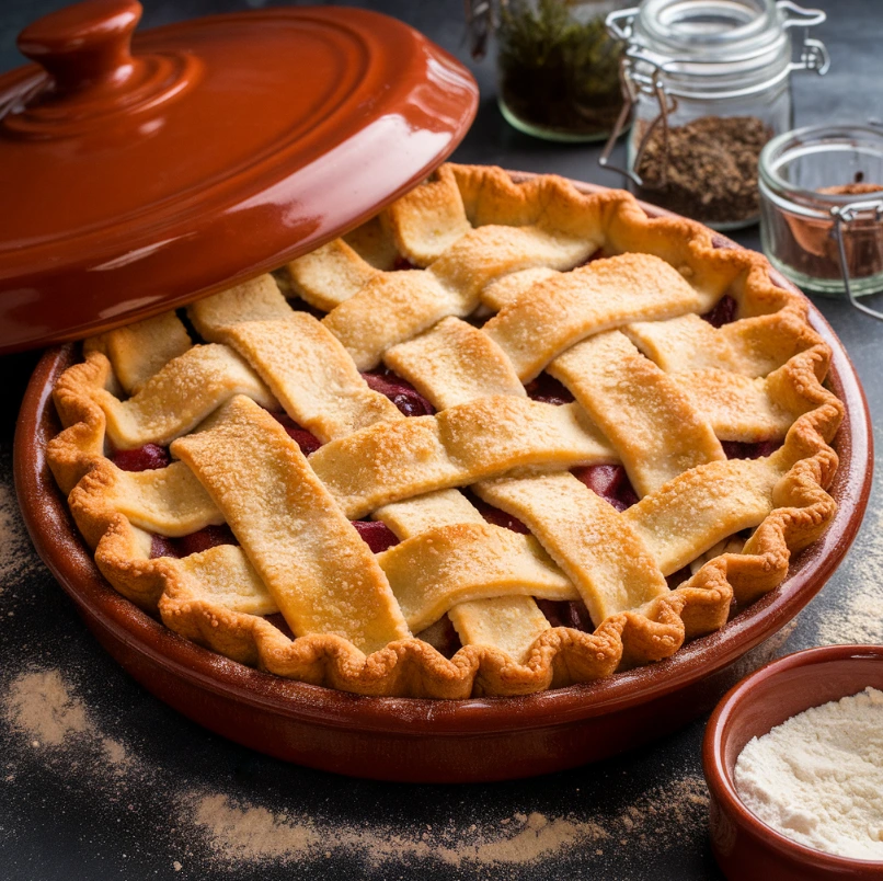 A fully baked terracotta pie on a cooling rack with a pie shield and a bowl of cornstarch nearby, surrounded by baking herbs and spices.