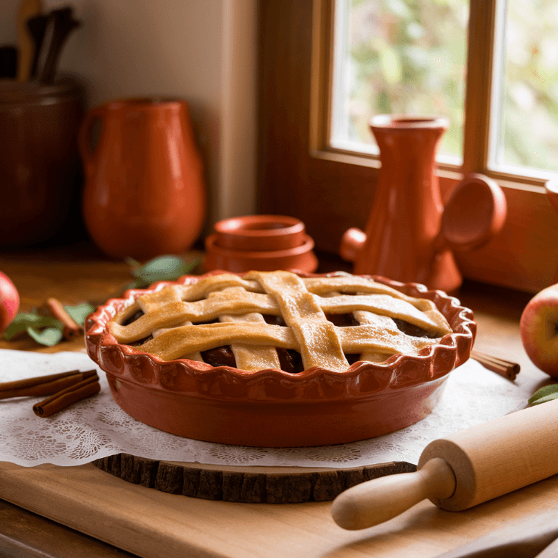 Sweet and savory terracotta pies displayed on a rustic table.