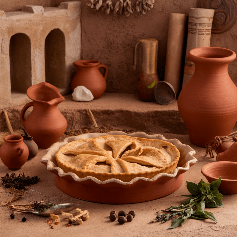 A rustic terracotta pie in a cozy kitchen setting with natural lighting