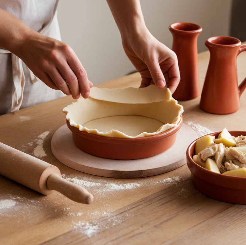 Hands preparing a terracotta pie with dough and fresh ingredients.