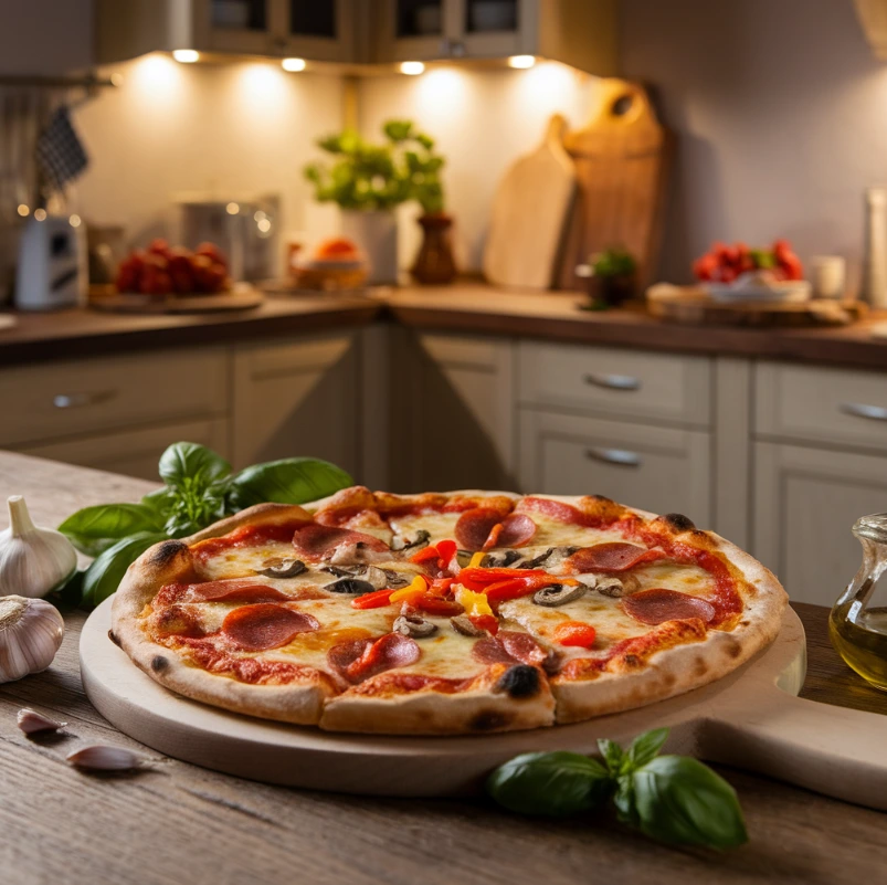 Freshly baked pizza pie with toppings in a cozy modern kitchen.