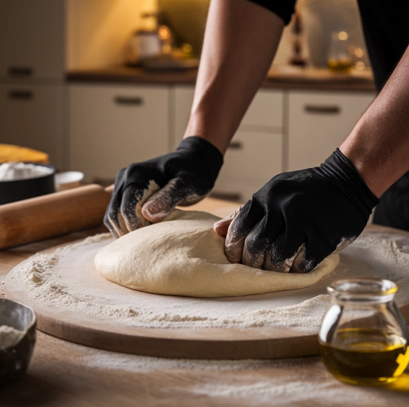 Hands kneading pizza dough on a floured surface with olive oil nearby.