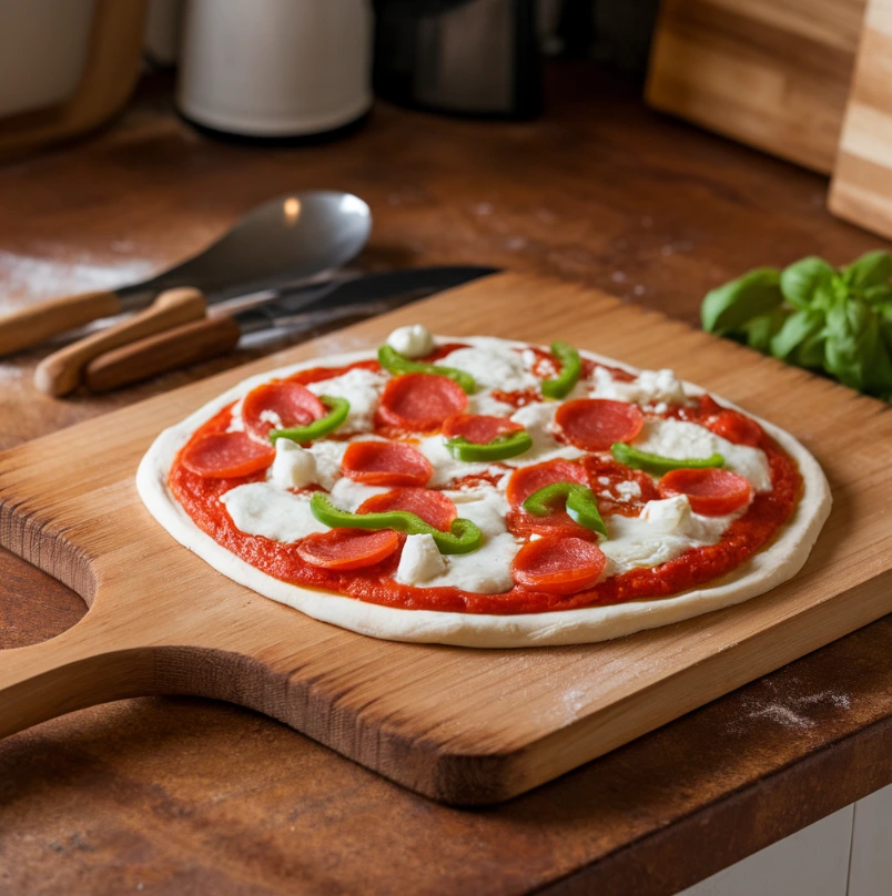 Pizza pie assembly with dough, sauce, cheese, and toppings on a wooden peel.