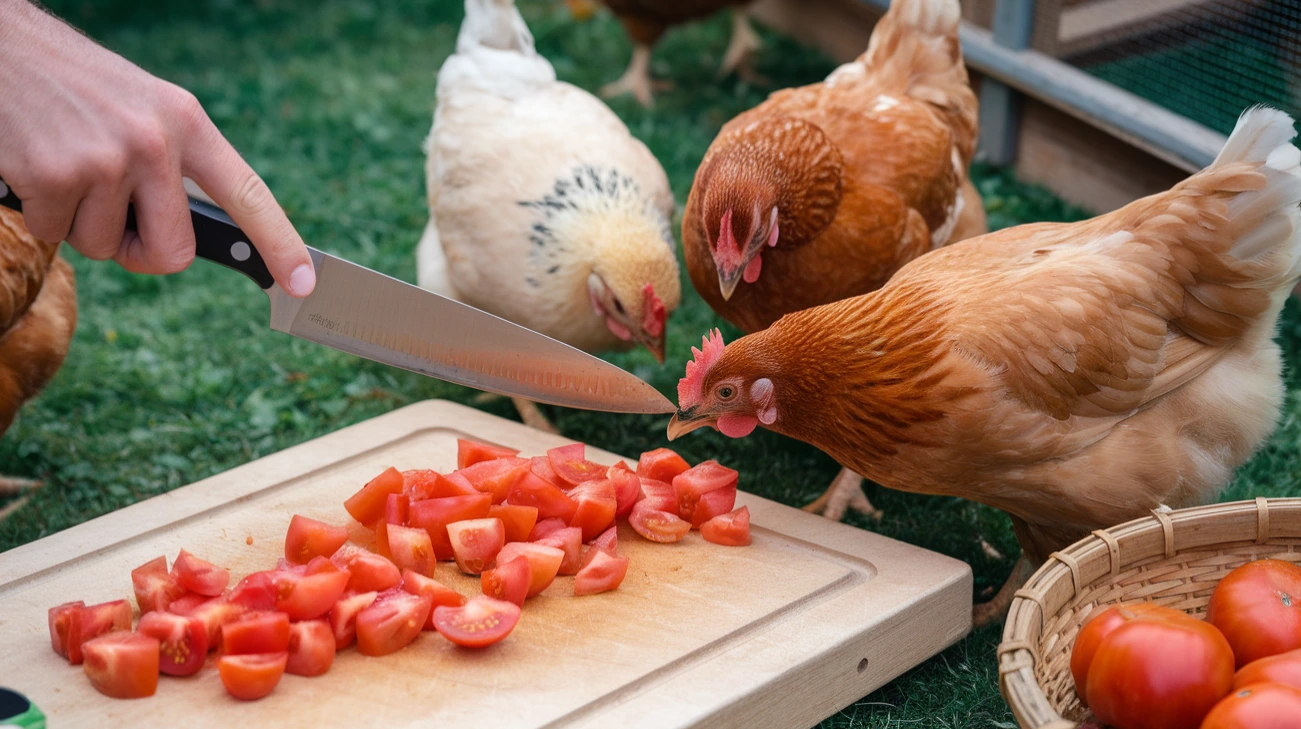 Chickens pecking at sliced ripe tomato in a sunny backyard