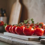 Fresh roma tomatoes on a wooden kitchen counter with utensils.