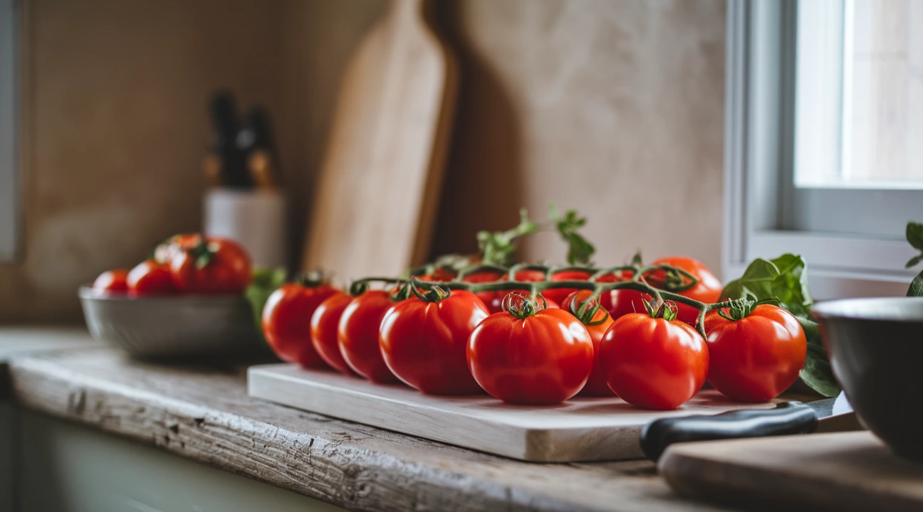 Fresh roma tomatoes on a wooden kitchen counter with utensils.