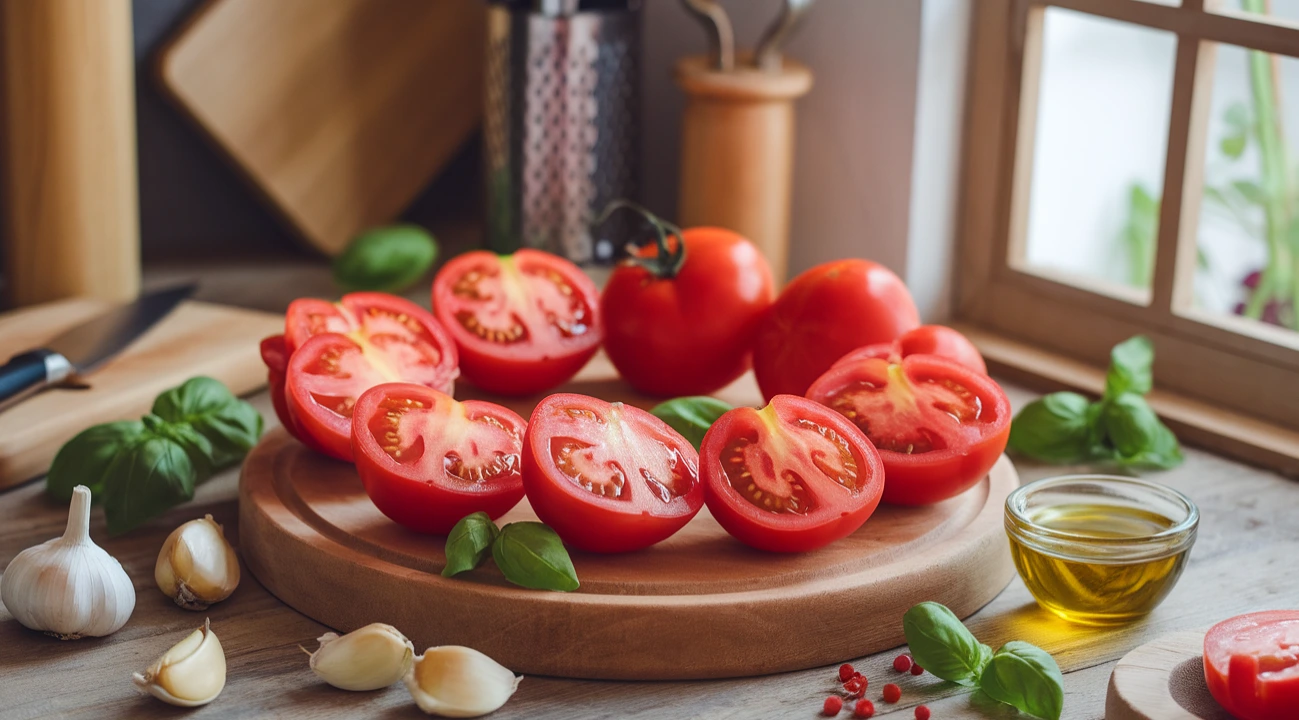 Close-up of fresh Roma tomatoes with basil and olive oil in a rustic kitchen.