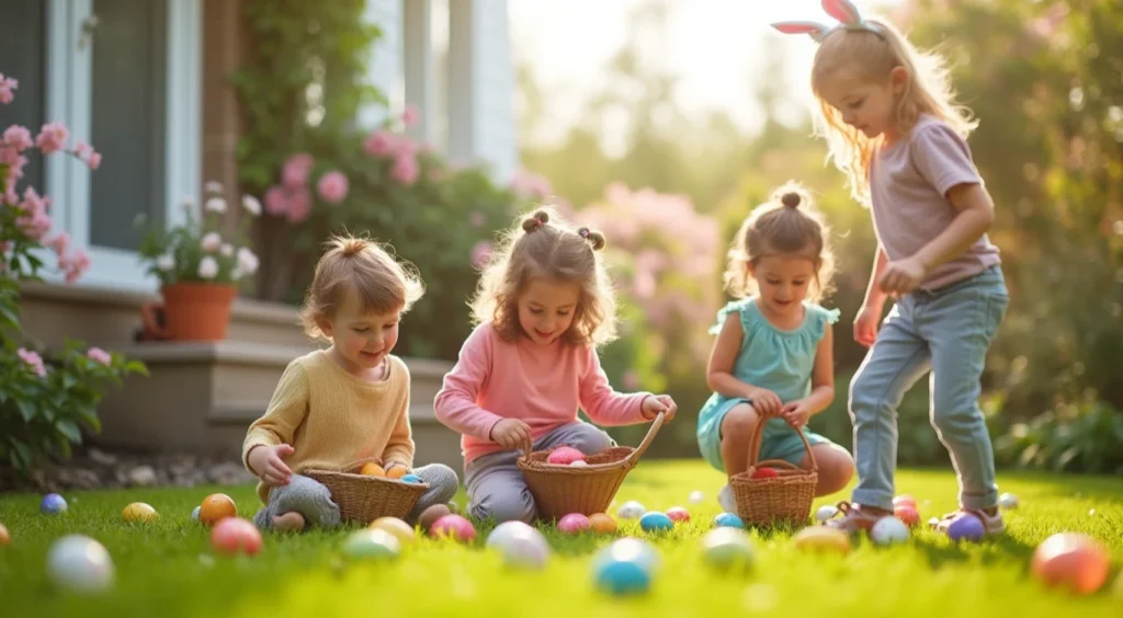 Children participating in a sensory-friendly Easter egg hunt in a sunny backyard