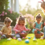 Children participating in a sensory-friendly Easter egg hunt in a sunny backyard