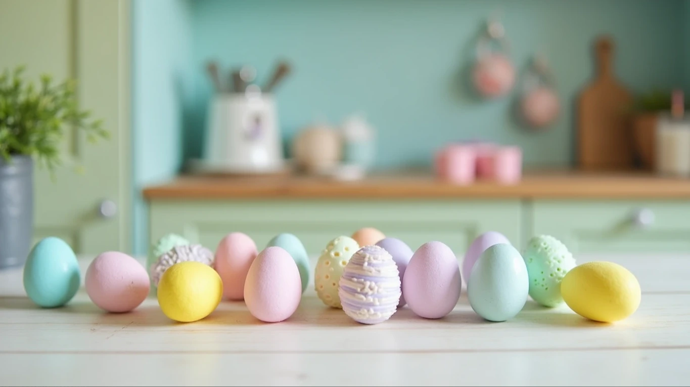 A pastel-themed Easter setup in a kitchen with sensory-friendly eggs and calming decorations.