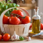 Fresh Roma tomatoes in a basket with kitchen ingredients on a rustic countertop