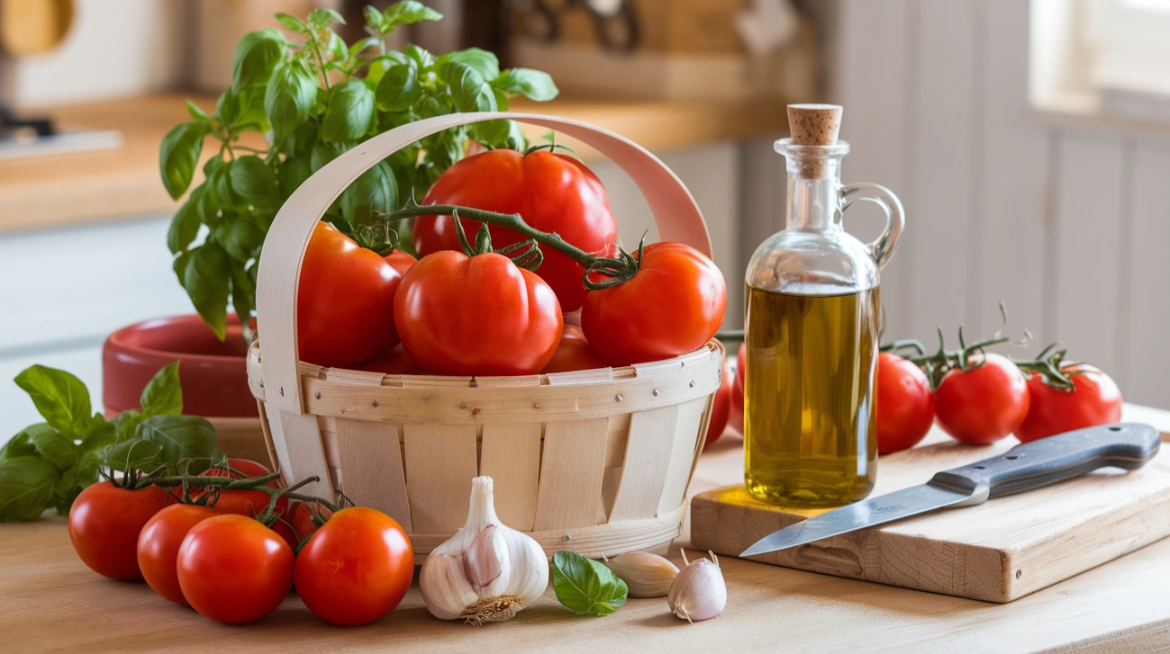 Fresh Roma tomatoes in a basket with kitchen ingredients on a rustic countertop