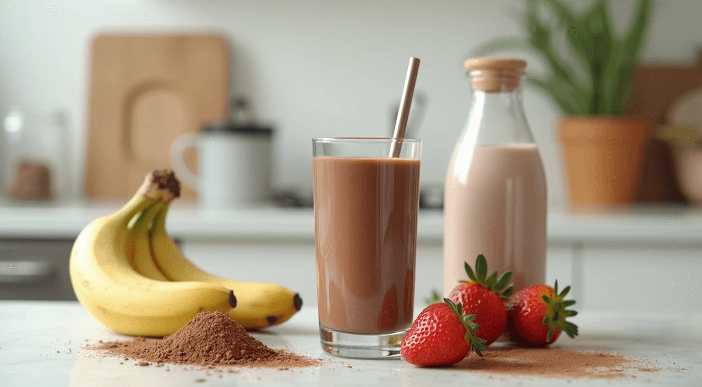 Chocolate smoothie with a bottle of chocolate milk and fresh fruit in a modern kitchen