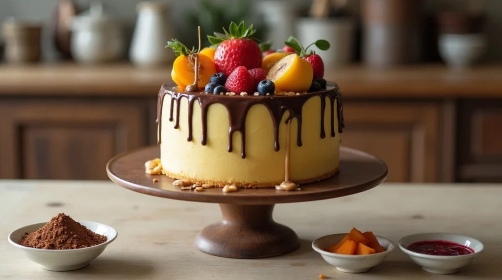 A layered Nanalan cake on a white cake stand with baking tools in a cozy kitchen