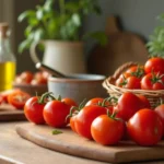 A rustic kitchen scene featuring fresh Roma tomatoes in a basket with a cutting board and kitchen utensils.