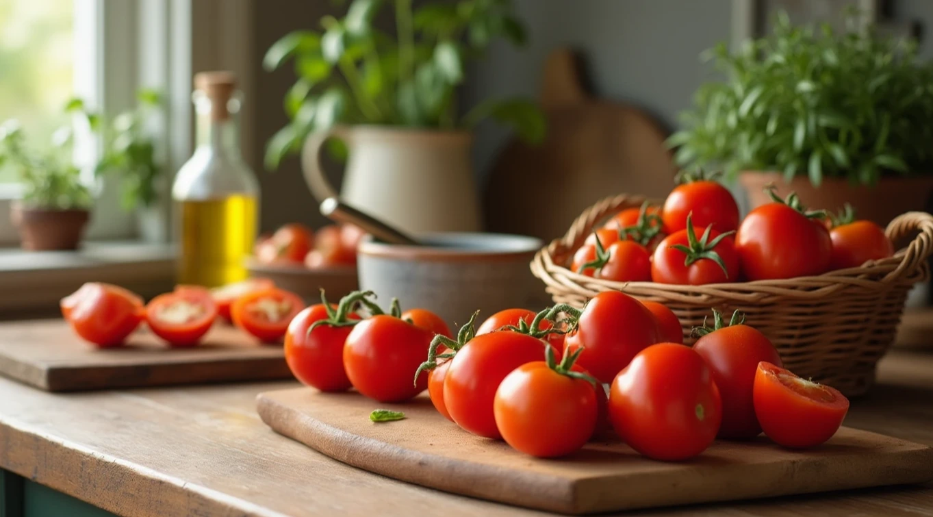 A rustic kitchen scene featuring fresh Roma tomatoes in a basket with a cutting board and kitchen utensils.