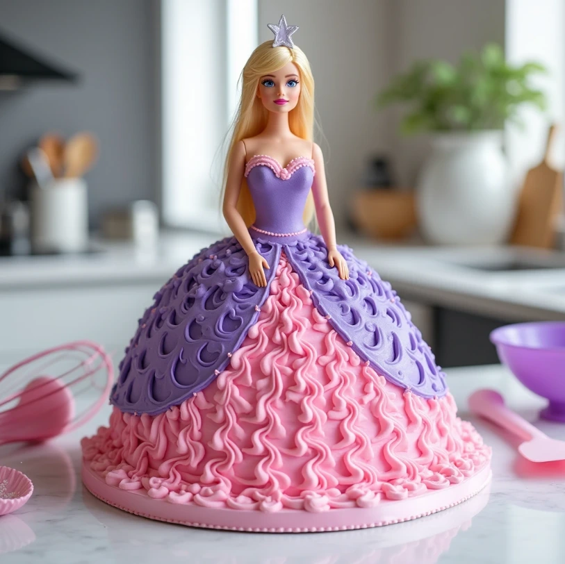 Barbie-themed cake with pink and purple frosting on a white kitchen countertop