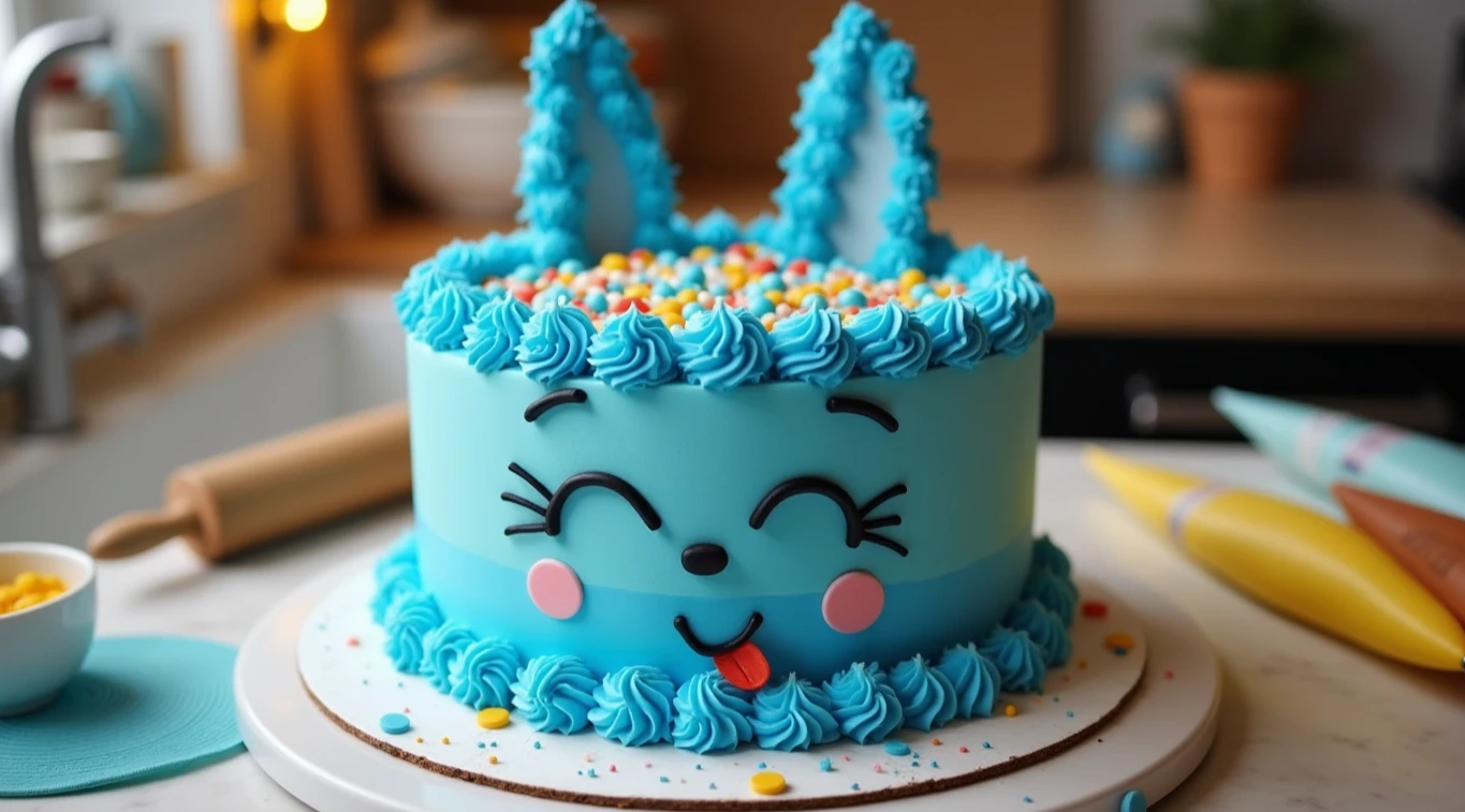 Bluey-themed cake with blue buttercream frosting and fondant details on a kitchen counter.