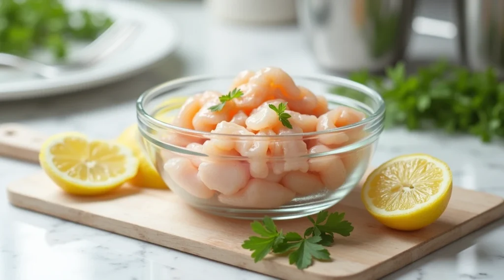 Fresh crab meat in a bowl with lemons and parsley on a marble countertop in a modern kitchen.