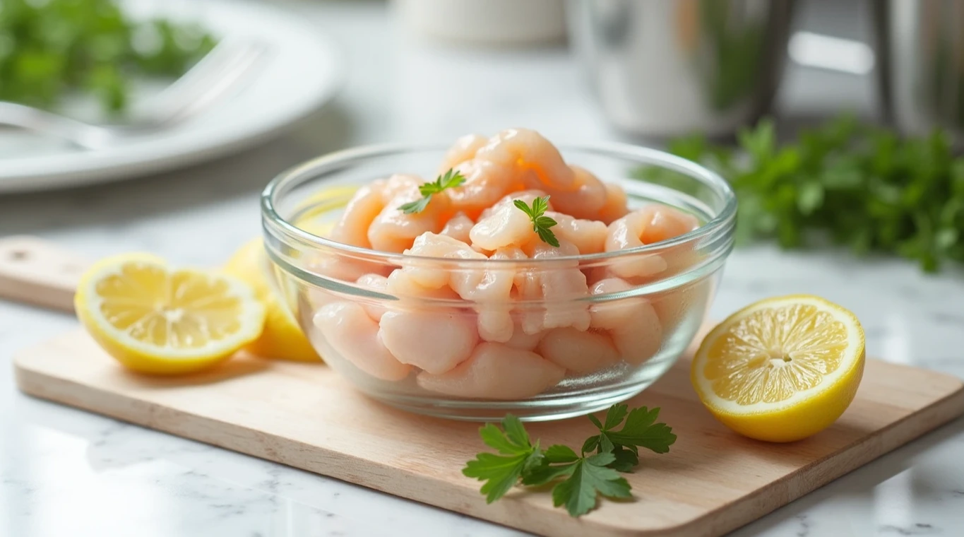 Fresh crab meat in a bowl with lemons and parsley on a marble countertop in a modern kitchen.