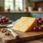 Marbled cheese on a cutting board in a rustic kitchen setup.