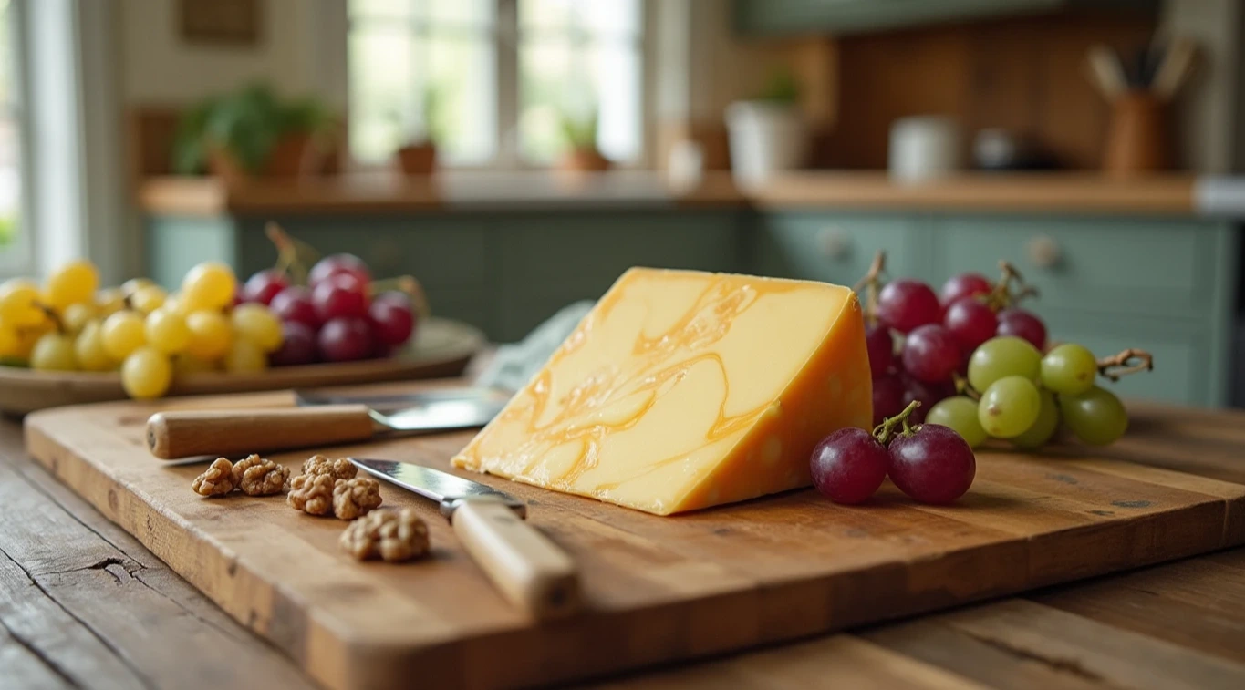 Marbled cheese on a cutting board in a rustic kitchen setup.