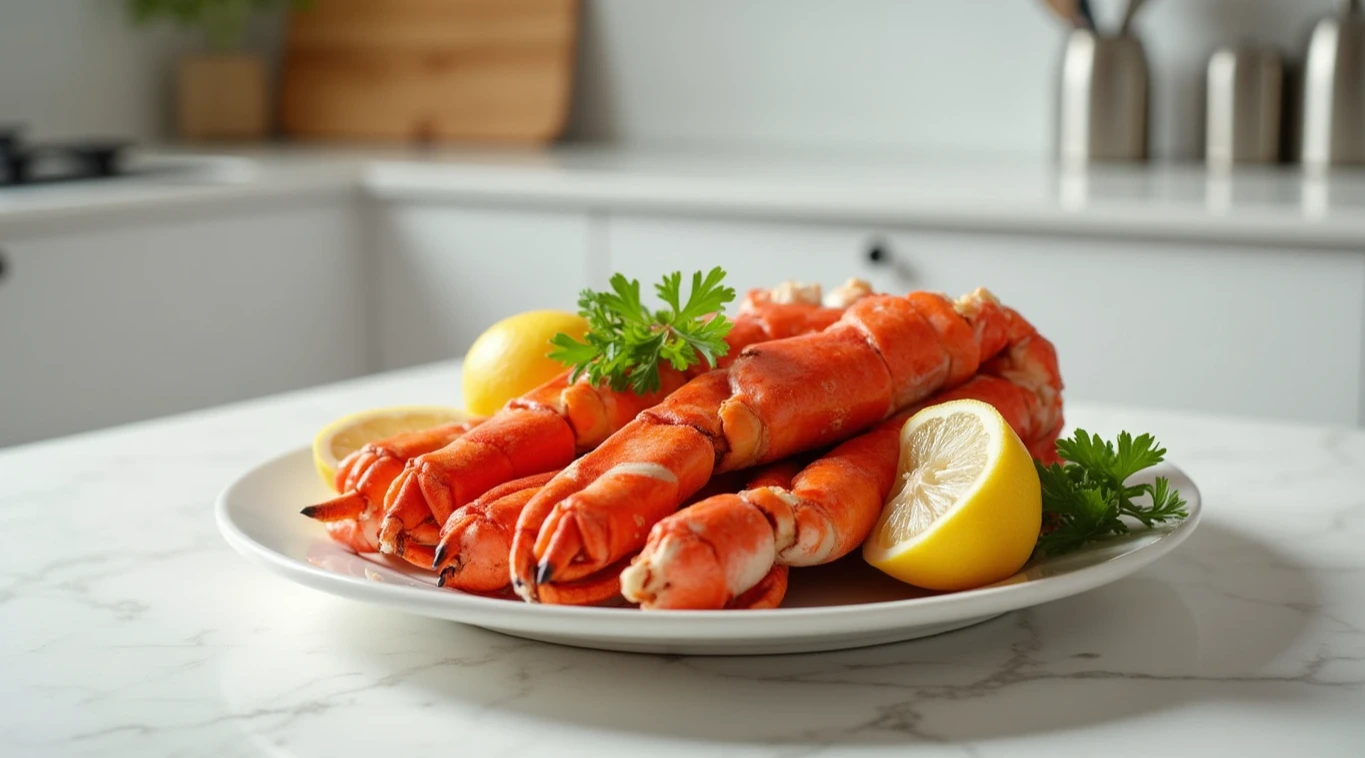 Freshly cooked crab legs and claws on a plate with lemon slices and parsley in a bright modern kitchen.