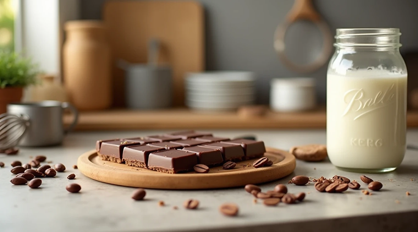 Milk chocolate bar on a wooden board with cocoa beans in a cozy kitchen setting.