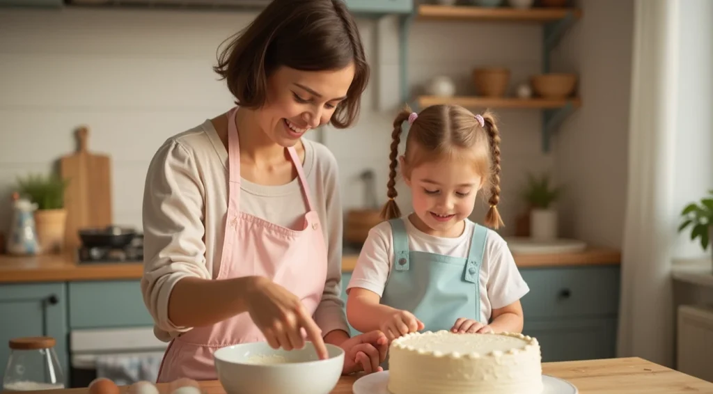 A loving single mom and her daughter baking a birthday cake together in a cozy kitchen