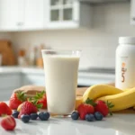 A glass of milk on a kitchen counter with fresh fruits and a protein shake jar.