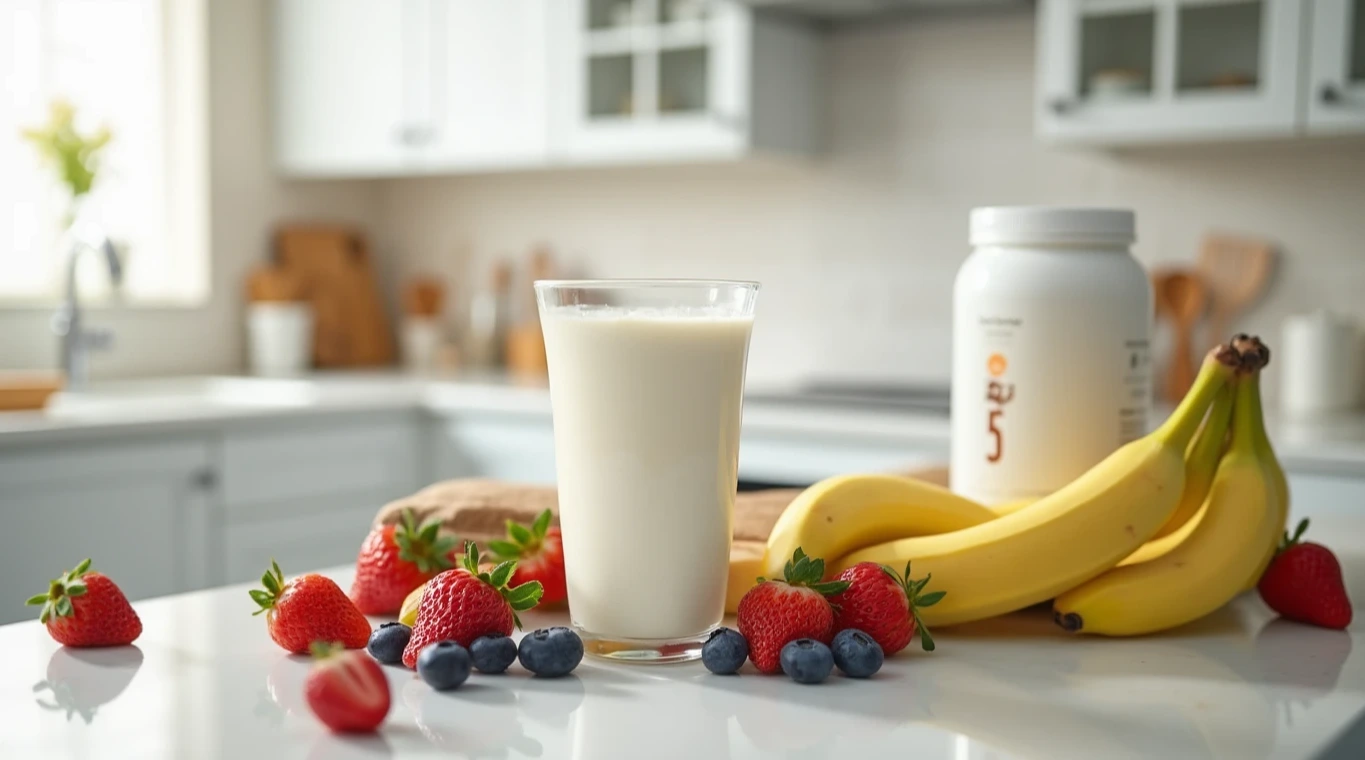 A glass of milk on a kitchen counter with fresh fruits and a protein shake jar.