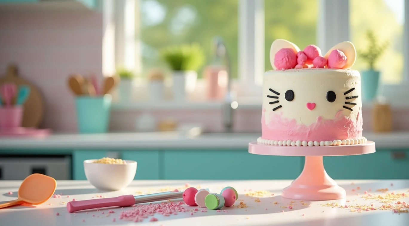 Hello Kitty cake on a decorative stand surrounded by baking tools in a modern kitchen