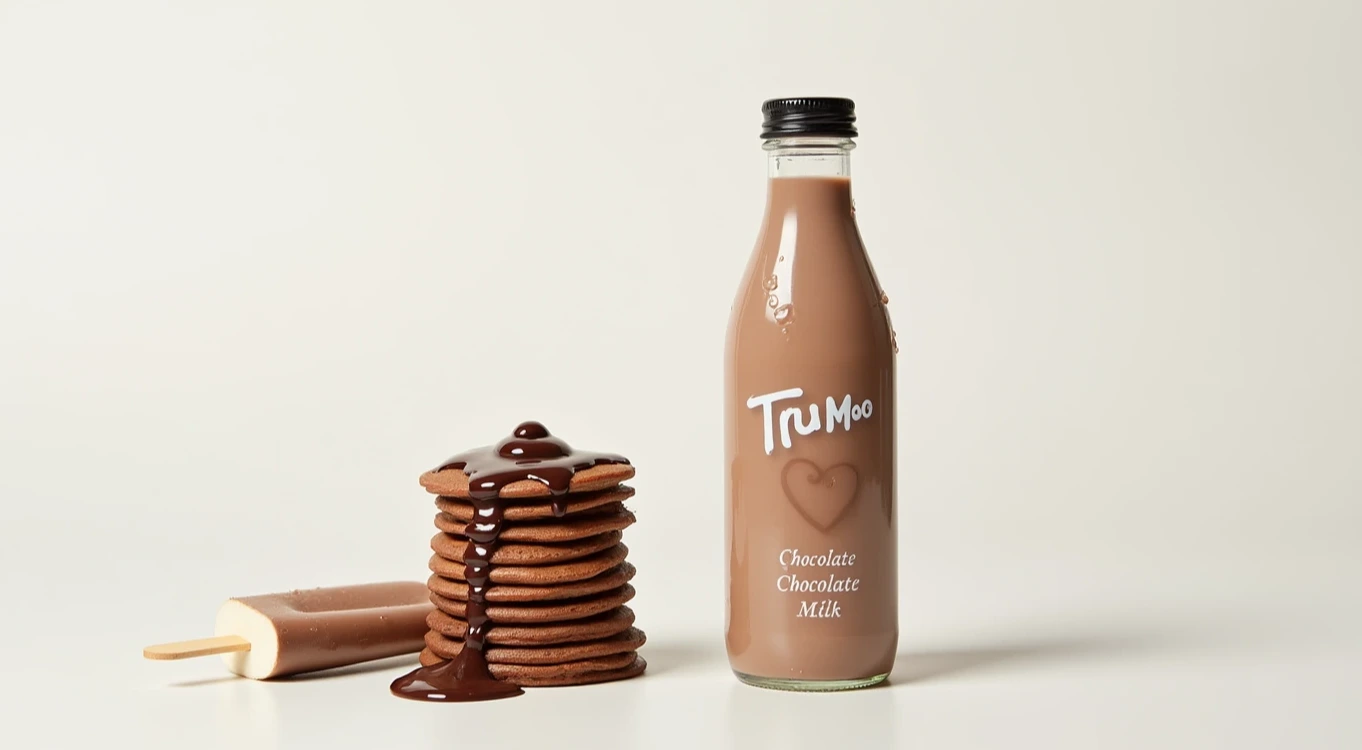 A bottle of TruMoo chocolate milk with a glass of chocolate milk on a kitchen counter