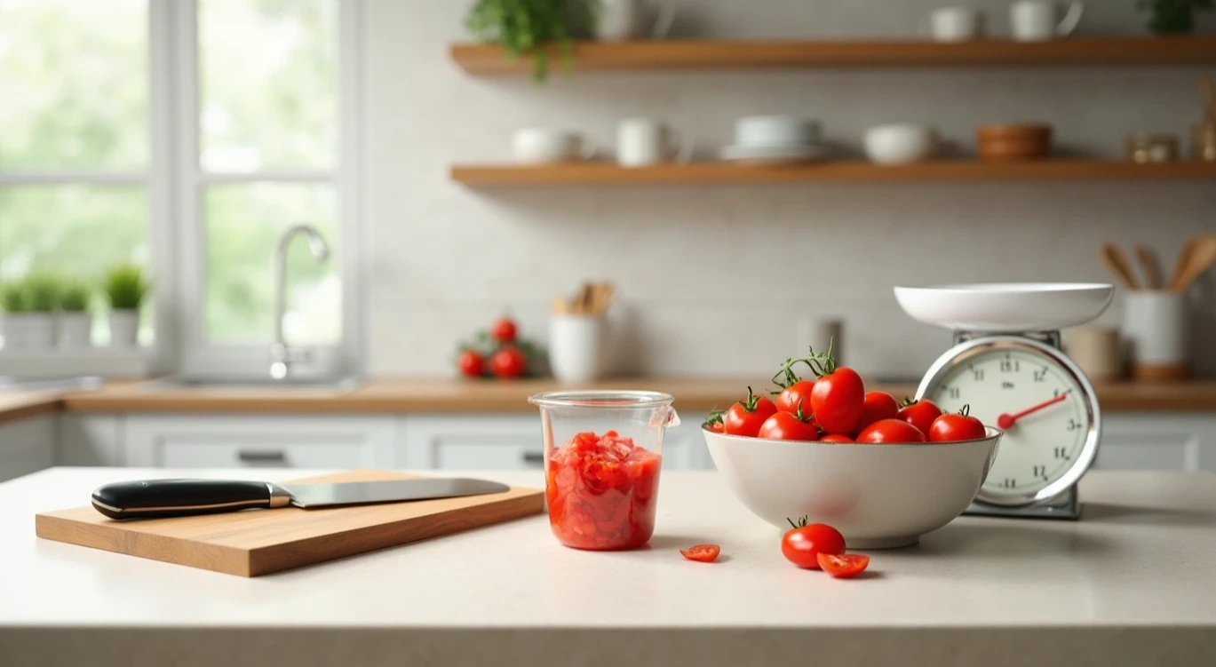 Fresh Roma tomatoes and kitchen tools ready for measuring.