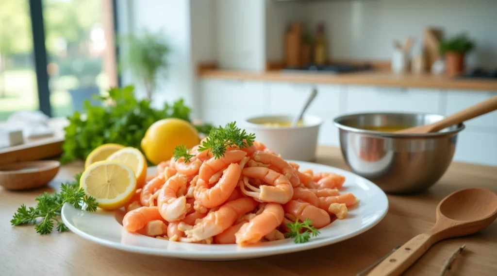 Plate of imitation crab meat garnished with lemon and parsley on a wooden countertop in a modern kitchen