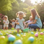 A family-friendly Easter egg hunt with children collecting colorful eggs in a sunny backyard.