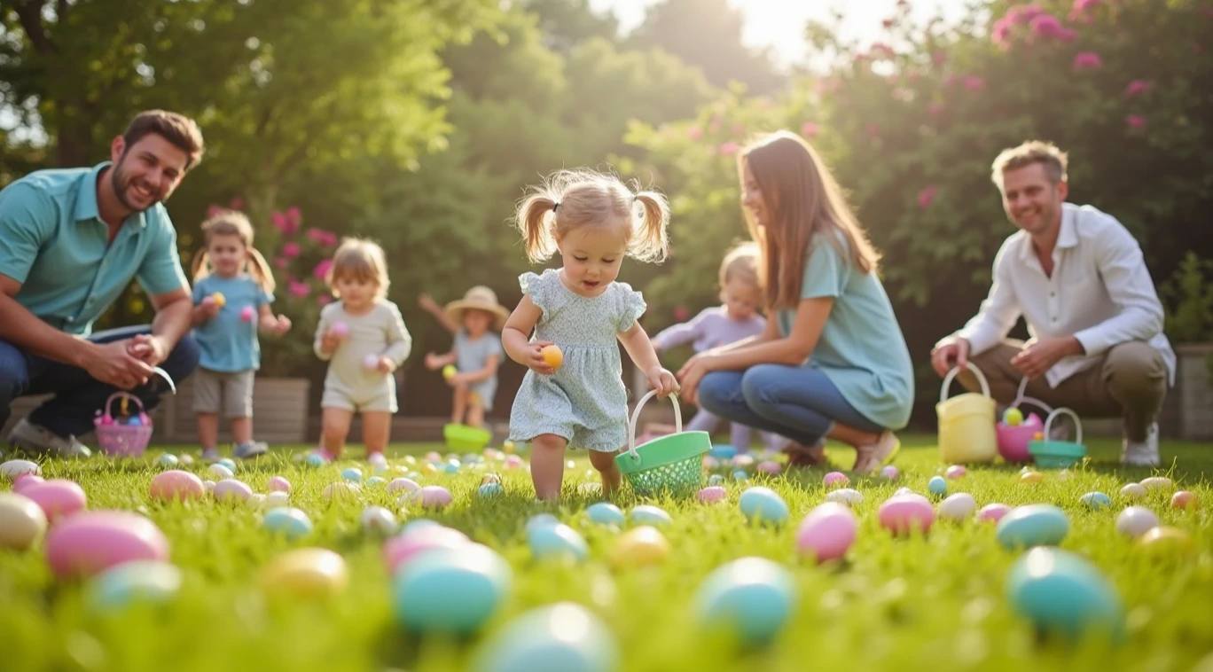 A family-friendly Easter egg hunt with children collecting colorful eggs in a sunny backyard.