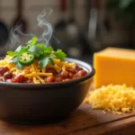 Bowl of chili with melted Colby Jack cheese in a rustic kitchen.