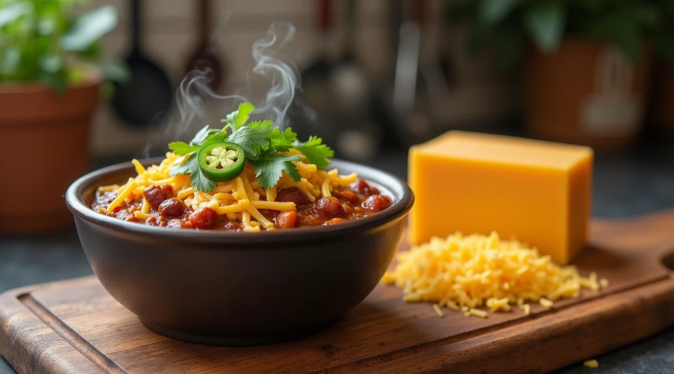 Bowl of chili with melted Colby Jack cheese in a rustic kitchen.