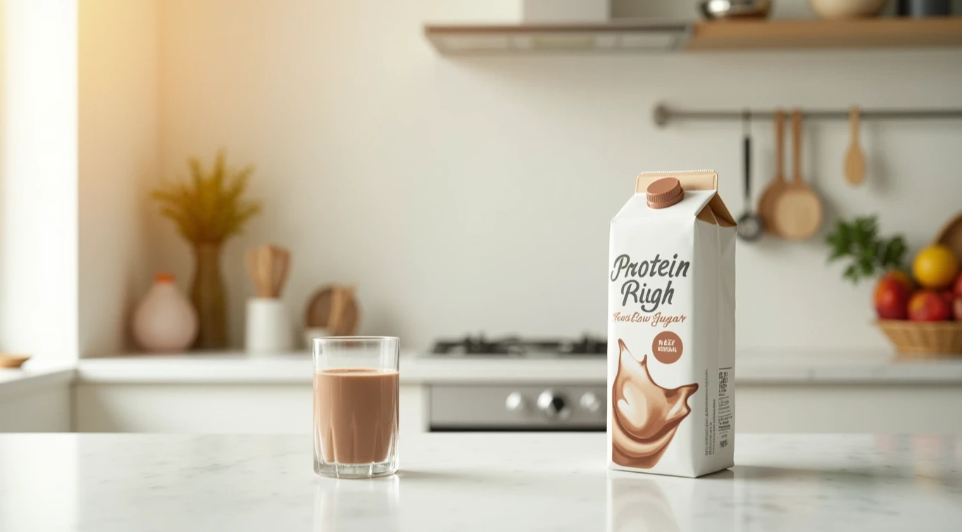 A glass of chocolate milk on a kitchen counter with a milk carton.