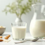 Glass of creamy milk with a pitcher on a white kitchen countertop.