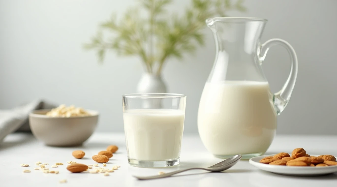 Glass of creamy milk with a pitcher on a white kitchen countertop.