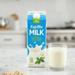 Carton of Fairlife milk with healthy ingredients on a marble countertop